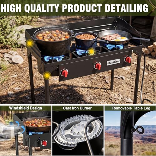 Image of BESTFIRE 3 Burner Camping Stove, 225,000 BTU Propane Stove with Detachable Windscreen, Removable Legs & 20 PSIG Regulator&Octagonal Auxiliary Shelf&Ignition wire for Outdoor Cooking, Canning, BBQ