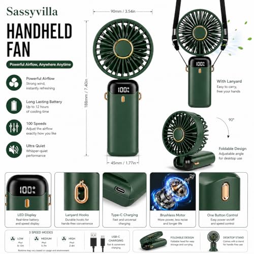 Image of Portable Mini Fan Powerful Hand Fan Cute Foldable with 3 Speed Personal Small Desk Fan With Base, Lightweight Rechargeable Handheld Fan For Girl Women Men, Indoor Outdoor 15cm