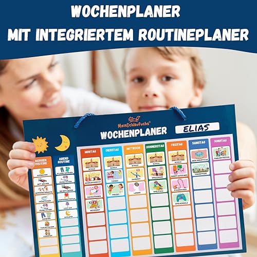 MeinSchlaufuchs® Wochenplaner Kinder - Montessori Magnettafel inkl. 250 Magnete, Aufbewahrungsbox, Kordel & Stift - beschreib- & abwischbar - Routine Planer Kinder
