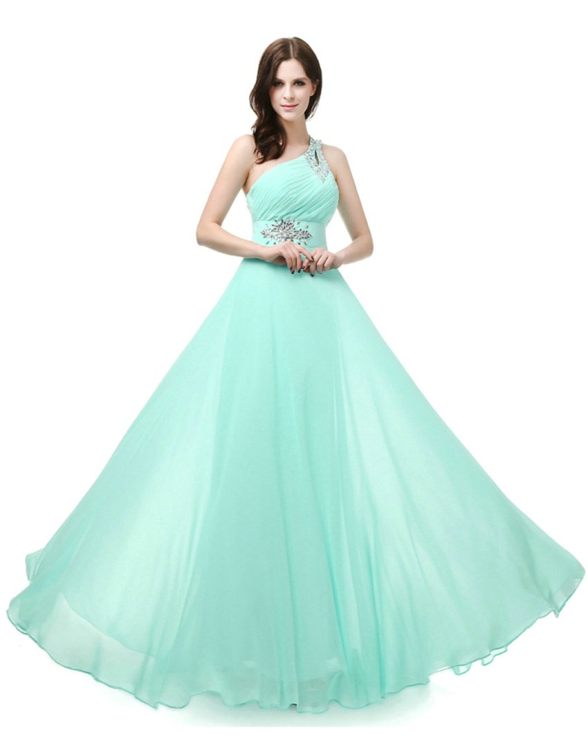 Vestido formal de noche para mujer, con un hombro, de gasa, para bailes, damas de honor, verde jade, 40