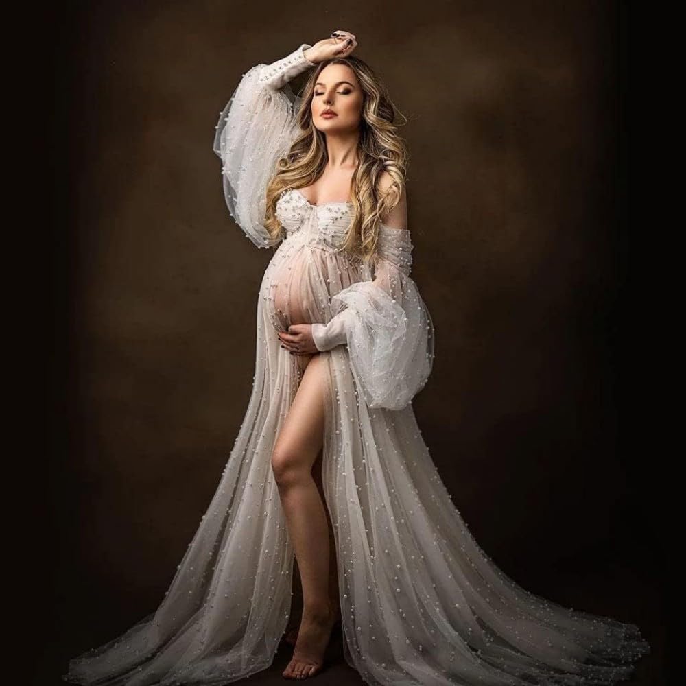 Umstandskleid aus Tüll mit Perlen für Fotoshootings – Langes Schwangerschaftskleid mit Puffärmeln für Babyparty und Schwangerschaftsfotos