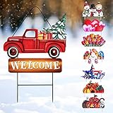 Whaline Valentine's Day Metal Yard Stakes Easter Welcome Interchangeable Garden Stake Red Truck Decor Set with Seasonal Sign Loads, Set of 9