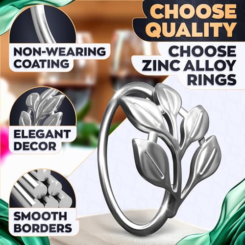 Image of Silver Napkin Rings Set of 20, Decorative Leaf Design Metal Holders | Elegant Accents for Weddings, Birthdays, or Special Occasions - Reusable Rings Dress Up Dinner, Buffet, and Holiday Tables