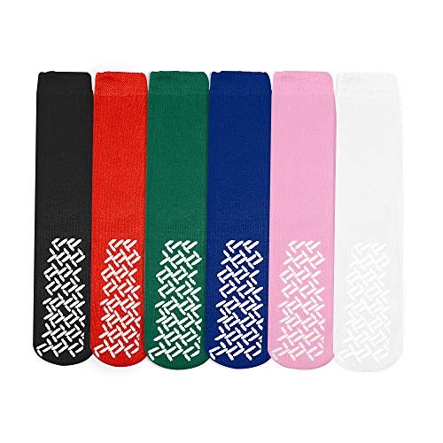 Nobles Assorted Non Skid Socks 6 Pairs Made in USA (1 Black, 1 Red, 1 Green, 1 Royal Blue, 1 Pink, 1 White)