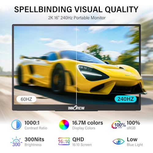 Image of InnoView 16 inch 240Hz Portable Monitor 2K 2560x1600 100% sRGB Portable Gaming Monitor Laptop Monitors Built-in Speakers 180 Adjustable Type-C HDMI Laptop Screen Extender for Surface Pro PS5 Switch Xbox