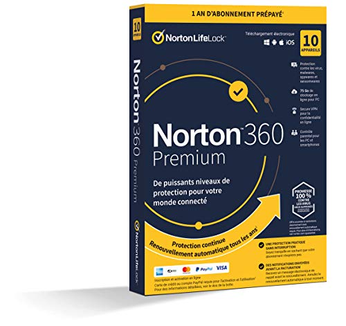 Norton™ 360 Premium 2023 |10 Appareils | 1 An d'Abonnement | Secure VPN - Password Manager - Dark web monitoring| PC/Mac/iOS/Android - Envoi par la poste