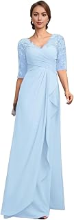 Women’s Wedding Guest Dress Chiffon Floor Length Short Sleeve Lace Applique Cowl Back V-Neck Ruffled Evening Dress