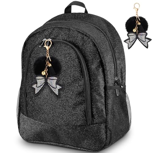 Noveread Cheer Backpack with Bow Keychain Cheerleading Glitter/Canvas Backpack Cheerleaders Gift Cheer Bags for Sport(Glitter Black Large)