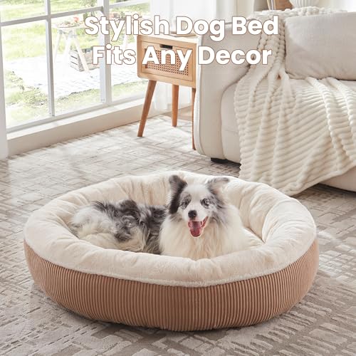 Image of 45 inches Donut Dog Bed for Extra Large Dogs,Calming Round Pet Bed with Removable & Washable Cover, Plush Faux Fur & Corduroy, Fits up to 100 lbs Pets(Brown,XL)
