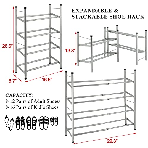 Lnyzqus 4-Tier Expandable Shoe Rack,Sturdy Shoe Shelf Shoe Organizer For Closet,Metal Adjustable Closet Shoe Racks Skinny Shoe Stand For Bedroom Closet-Grey #TOP3