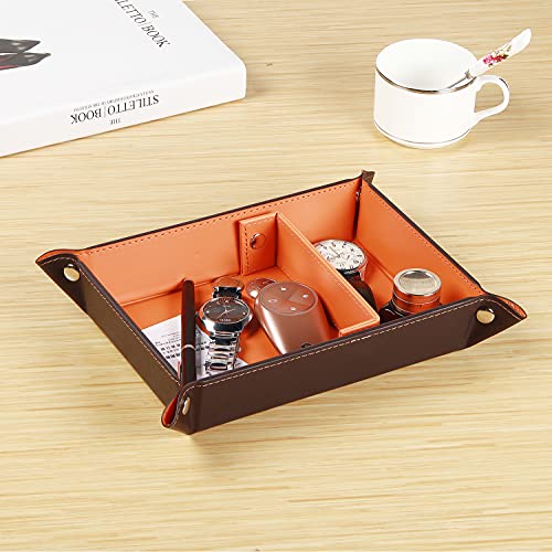 Valet Tray for Men Leather Big Entryway Key Dish Bedside Catchall Bowl 2 Dividers Travel Nightstand Organizer Caddy for Wallet Coins Dice Watch Candy, Sundries Holder for Beside Table (Orange)