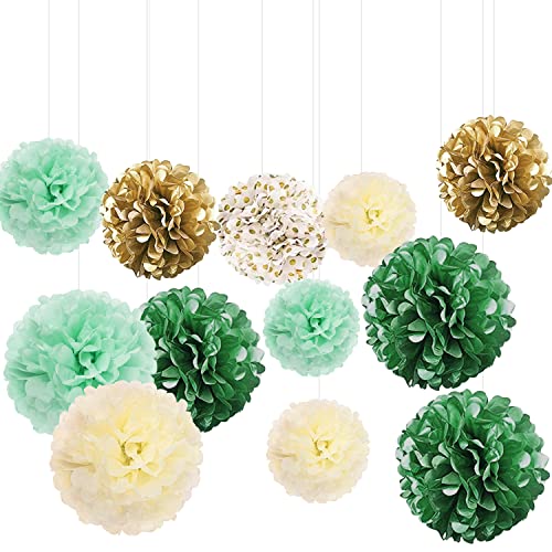 12 Pcs Pompones de Papel, Flores de Papel Decorativos Verde, para Decoración de Fiesta de Boda,...