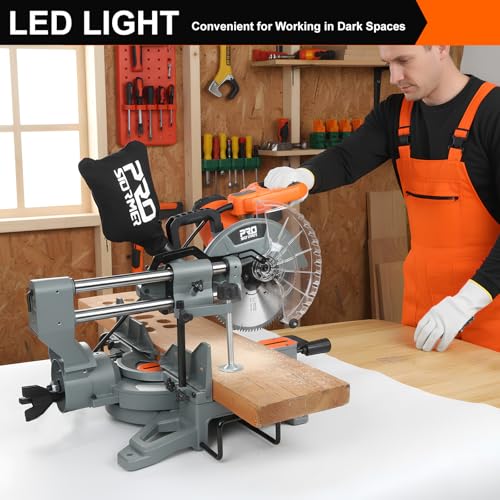 Prostormer 12-Inch Sliding Compound Miter Saw, 15 Amp Motor, 5000 RPM, 100-Tooth Blade, 0-45° Miter & Bevel Cuts, LED Light, Safety Guard, Extendable Support & Clamp for Woodworking, Decking, Trim
