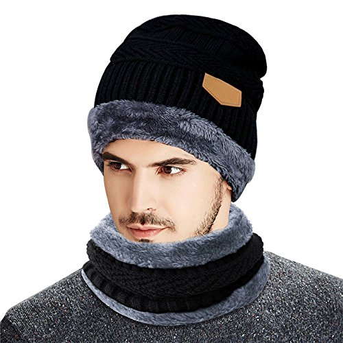 Gorro Invierno Hombre con Bufanda-Beileer Calentar Sombreros Gorras Beanie de Punto para Hombre