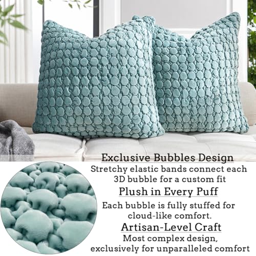 Image of Velvet Pillow Cover 24x24 Teal Textured Bubble Euro Shams