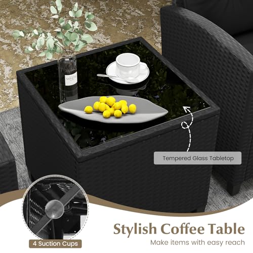 Image of Tangkula 3 Piece Patio Furniture Set, Rattan Conversation Set w /Soft Seat & Back Cushions, Tempered Glass Topped Coffee Table, Cushioned Wicker Seating Set for Backyard, Porch, Poolside (Black)