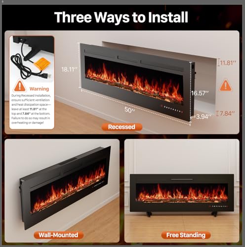 Sweetcrispy Electric Fireplace: 1500W Wall Mount/Recessed Insert, Remote Control, 13 Flame Colors, 12-Hour Timer, Touch Screen