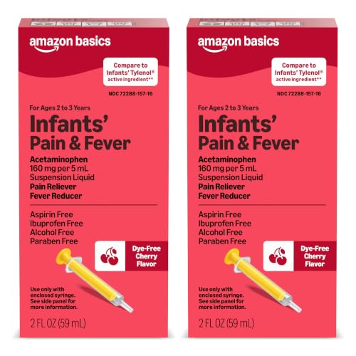 Amazon Basics Infants' Pain & Fever, Acetaminophen 160 mg per 5 mL, Suspension Liquid, Dye-Free Cherry Flavor, 2 fl oz (Pack of 2) (Previously Care)