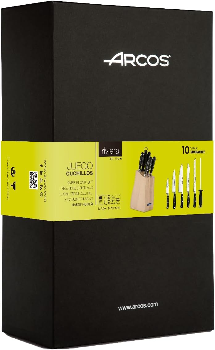 Arcos Forged Block Knife 6 piece Nitrum Stainless Steel. 4055 gr. Multi-use Cooking Knife for Cutting Meat and Vegetables. Ergonomic Polyoxymethylene POM Handle. Series Riviera. Color Black.
