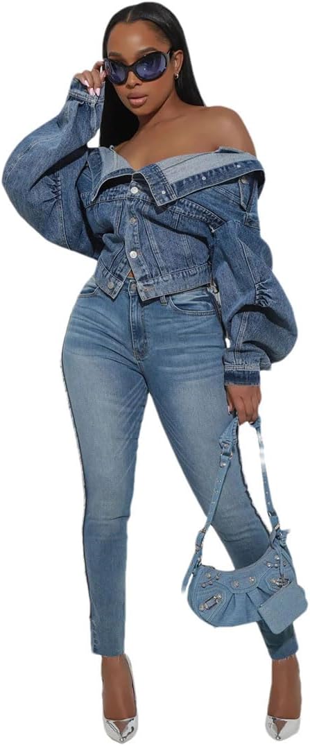 Women's Blue Retro Lapel Long-Sleeved Single-Breasted Irregular Slim Short Denim Jacket