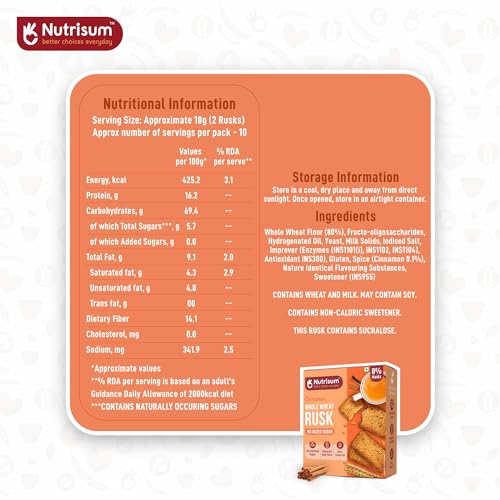 Image of Nutrisum Premium Whole Wheat Rusk Cinnamon Flavour, High Fiber, Refined Sugar Free, Tea Toasts 180 gms (Pack of 4)