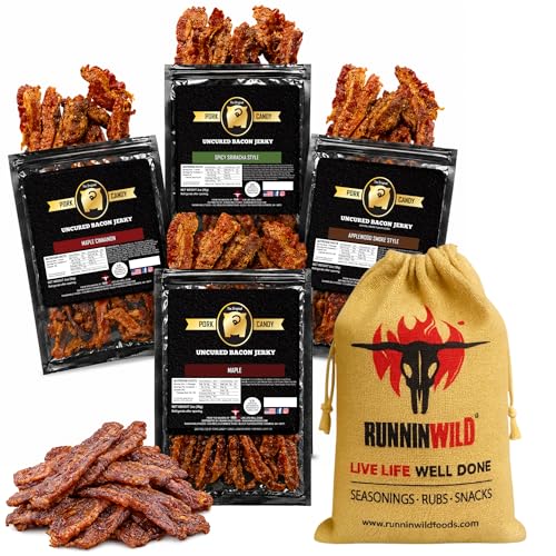 Image of Delicious Bacon Jerky Gift Set for Men - Irresistible Variety Pack of Maple, Applewood, Spicy Sriracha & Cinnamon | Packed in Runnin' Wild Burlap Bag | Fun, Flavor-Packed Gift for Dad