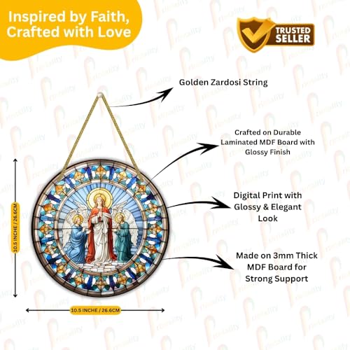 Image of Printality Stained Glass Style Christian Wall Hanging | Round MDF Plaque with Glossy Finish & Golden Zardosi String | Religious Wall Art | Jesus, Mary & Angels Design | Faith Home Decor (Design 3)