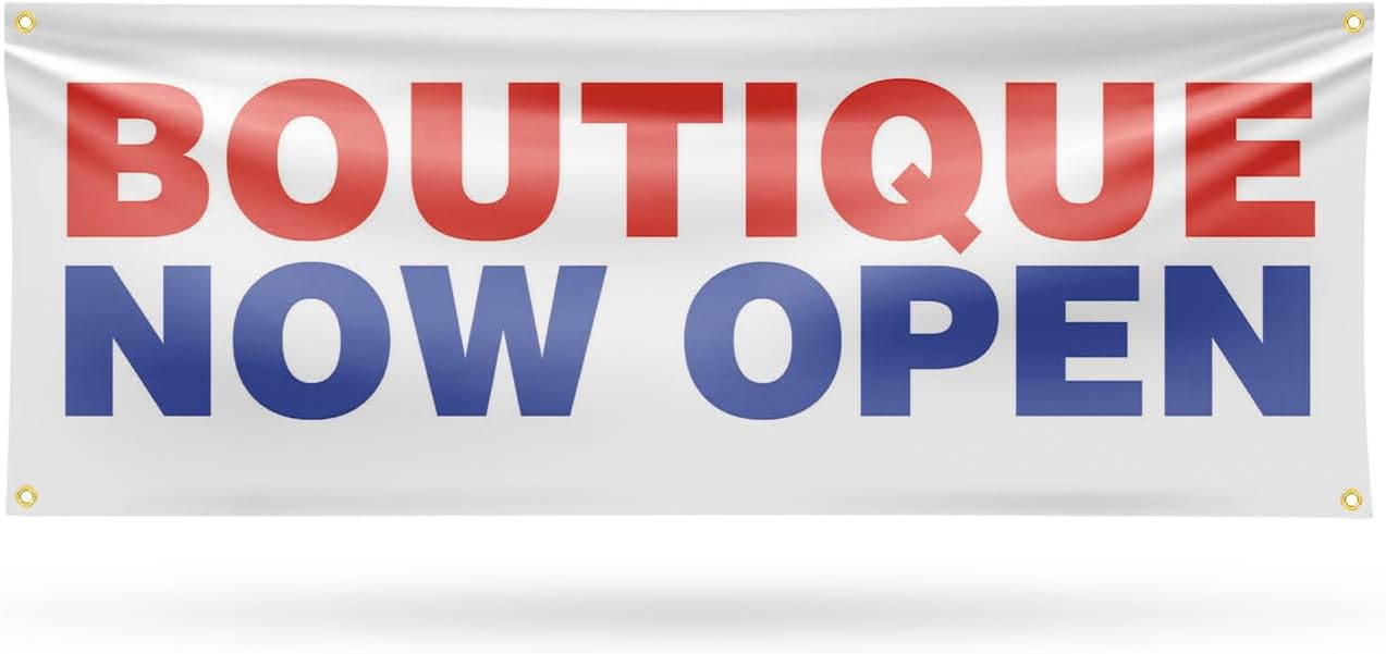 Boutique Now Open Banner Sign 18 Inch x 48 Inch | 13 oz Vinyl with Metal Grommets | Heavy-Duty Single-Sided Outdoor Durable Printed High-Quality Weatherproof | Made in the USA
