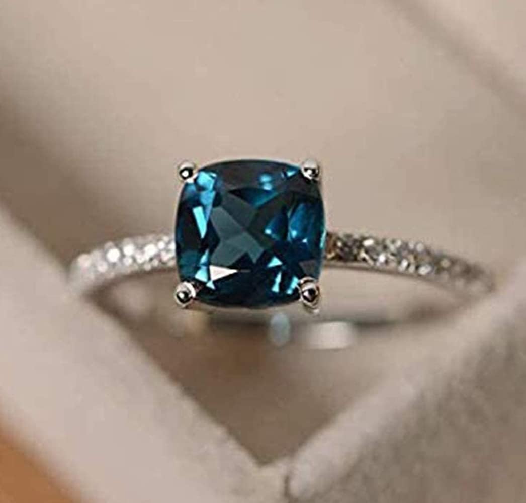 Cutesmile Fashion Jewelry 14k White Gold Plated Sterling Silver Peacock Blue Topaz Square Diamond Ring Gemstone Ring Aquamarine Gemstone Wedding Bridal Band Ring for Women (7) - Image 3