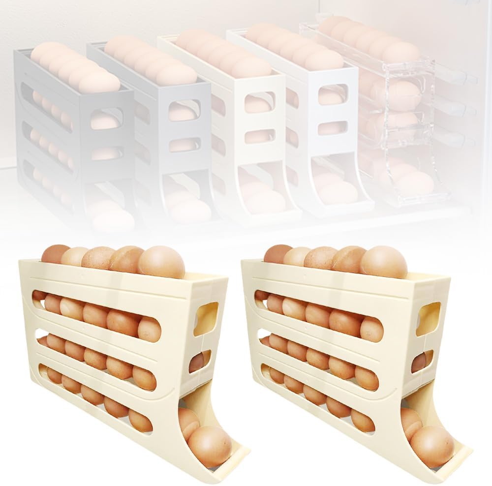 4 Tiers Egg Holder for Fridge, 2024 New Automatic Scrolling Egg Rack Holder, Space-Saving Egg Dispenser Holder, Large Capacity Eggs Organizer Storage 30 Egg for Fridge, Kitchen (Transparent