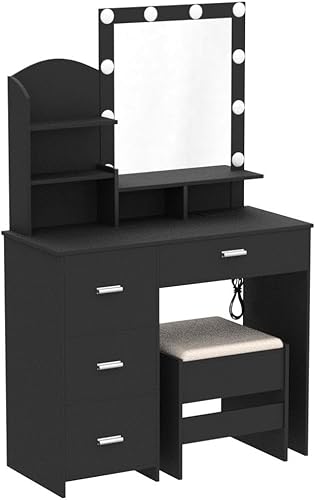 Miniatura 4 de Quimoo Tocador de maquillaje con 10 bombillas y estación de carga, escritorio con espejo iluminado y 4 cajones, juego de mesa de tocador con