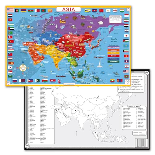 Tot Talk Asia Educational Placemat for Kids – Made in USA – Durable, Double-Sided Placemat Countries, Capitals, Flags, Waterways, Landmarks & Memory Activities – Waterproof Wipeable, 17.5” x 11.5”