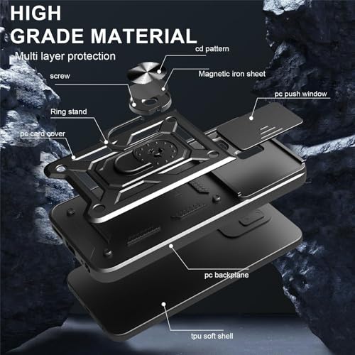 Image of Heavy Duty Back Case Cover for Infinix Smart 9 HD /Hot 50i 5G, Shockproof Infinix Smart 9 HD /Hot 50i Back Cover, Ring Case with Kickstand and Camera Protection Shutter - Black