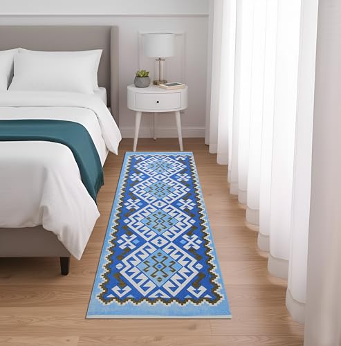 Image of SAGON 2x5 Ft Printed Runner Carpet - Cotton Bedside Rug for Bedroom & Living Room (Blue Southwestern)
