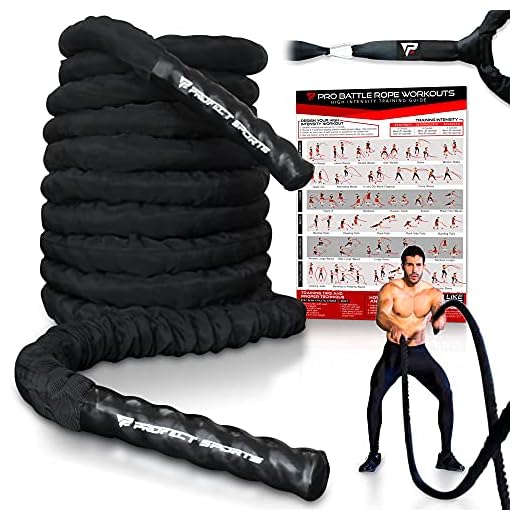 Pro Battle Ropes with Anchor Strap Kit and Exercise Poster – Upgraded Durable Protective Sleeve – 100% Poly Dacron Heavy Battle Rope for Strength Training, Cardio Fitness, CrossFit Rope (1.5” x 30 ft)