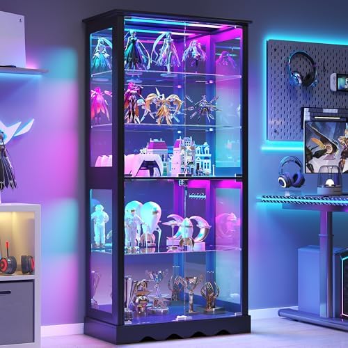 Dystler Display Cabinet with RGB LED Lights & Glass Doors, 5-Tier, Black