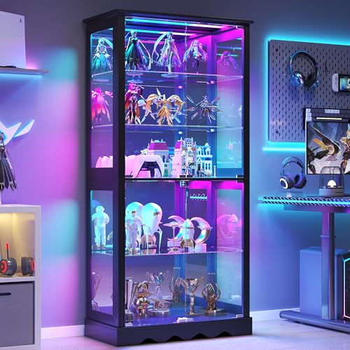 FREDEES Glass Display Cabinet with RGB Light, 5-Tier Curio Cabinet for Collectibles, Display Case with Removable Shelves, Human Sensor Design, Black