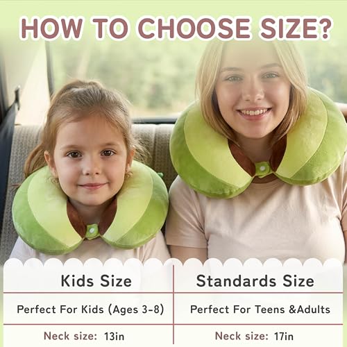 Image of Kids Travel Neck Pillow for Ages 3-8, Memory Foam, Removable Cover, Avocado | Machine washable, 13 in neck size, hidden zipper, 360-degree head and chin support, car seat and airplane use