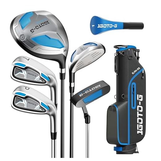 1GoTo-G 7 Pieces Golf Clubs Set for Men & Women - Complete Golf Clubs Full Set Includes Stand Bag with Rain Hood, 1# Driver, 5# Hybrid, 7# PW# Irons and Putter, Blue - Men’s, Right