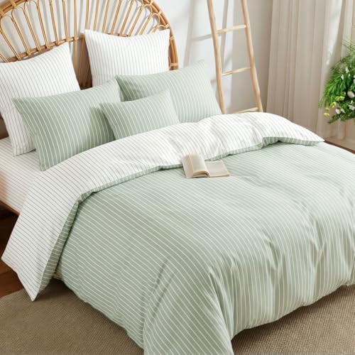 Image of Nayoroom Striped Duvet Cover Queen Reversible Green White Stripe Bedding
