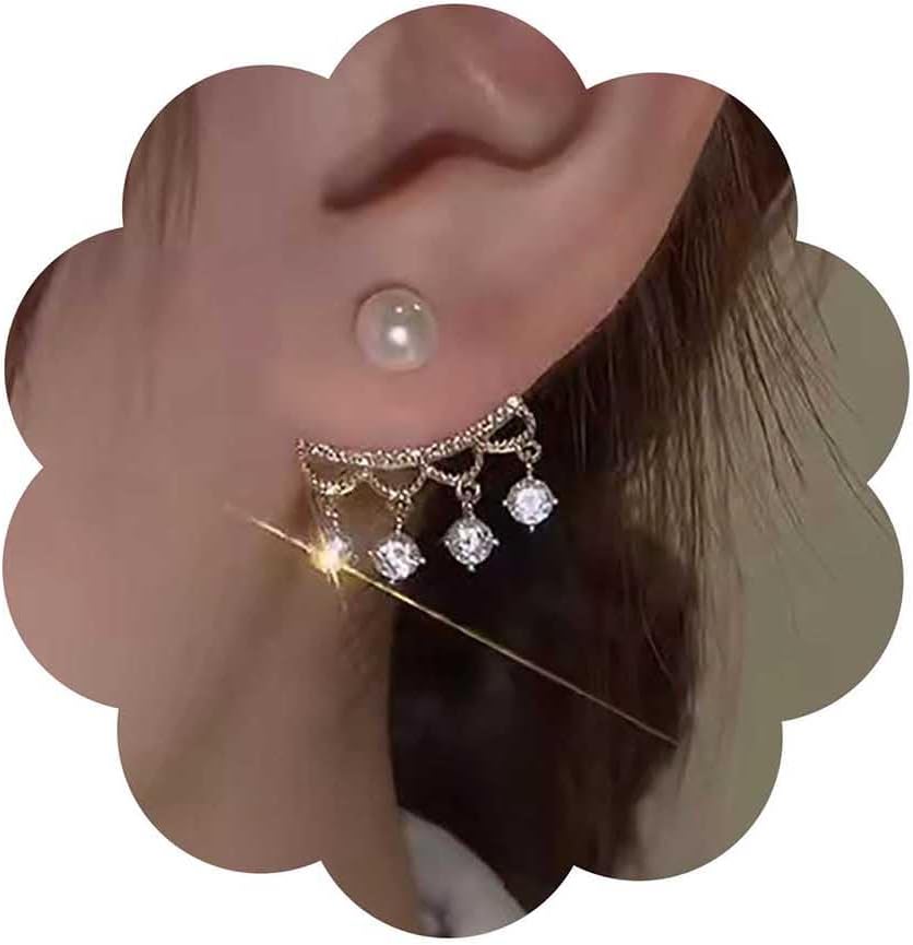 Vintage Pearl Ear Jacket Earrings Crystal Pearl Earrings Gold Pearl Stud Earrings Sparkling Gemstone Dangle Earrings Cz Front Back Earrings Jewelry for Women
