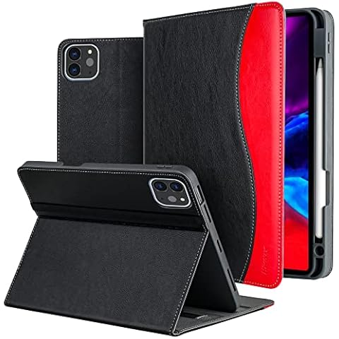 HFcoupe iPad Pro 12.9 Case 6th Generation 2022 / 5th Gen 2021, 12.9 Inch iPad Pro case with Pencil Holder and Pocket, Multiple Angles Viewing Cover Protective Folio Auto Sleep/Wake - Black/Red Cover