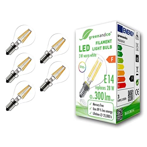 5x greenandco® CRI90+ Glühfaden LED Lampe ersetzt 30 Watt E14 G45 Globe, 3W 323 Lumen 2700K warmweiß Filament Fadenlampe 360° 230V AC nur Glas, nicht dimmbar, flimmerfrei, 2 Jahre Garantie