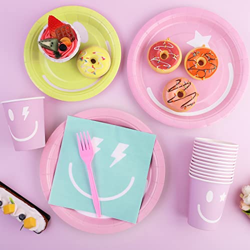 durony 144 Pieces Preppy Smile Face Party Tableware Set Party Decorations Include Smile Face Paper Plates Napkins Cups and Forks for Preppy Birthday Party Baby Shower Decor, Serve 24 Guest by durony - Image 3