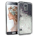 EAZY CASE Hülle kompatibel mit Samsung Galaxy S5/LTE+/Duos/Neo Schutzhülle mit Flüssig-Glitzer, Handyhülle, Schutzhülle, Back Cover mit Glitter Flüssigkeit, Silikon, Transparent/Durchsichtig, Silber