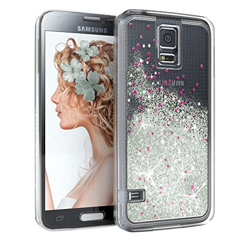 EAZY CASE Hülle kompatibel mit Samsung Galaxy S5/LTE+/Duos/Neo Schutzhülle mit Flüssig-Glitzer, Handyhülle, Schutzhülle, Back Cover mit Glitter Flüssigkeit, Silikon, Transparent/Durchsichtig, Silber