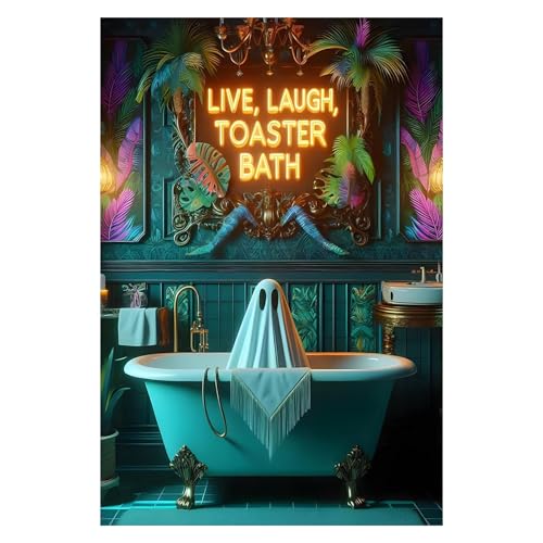 Funny Bathroom Decor Tropical Ghost Poster Live Laugh Toaster Bath Neon Sign Wall Art Decor Cottagecore Style Ghost Art Dark Humor Halloween Gifts Toilet Farmhouse Restroom Decor 12X16inch Unframed