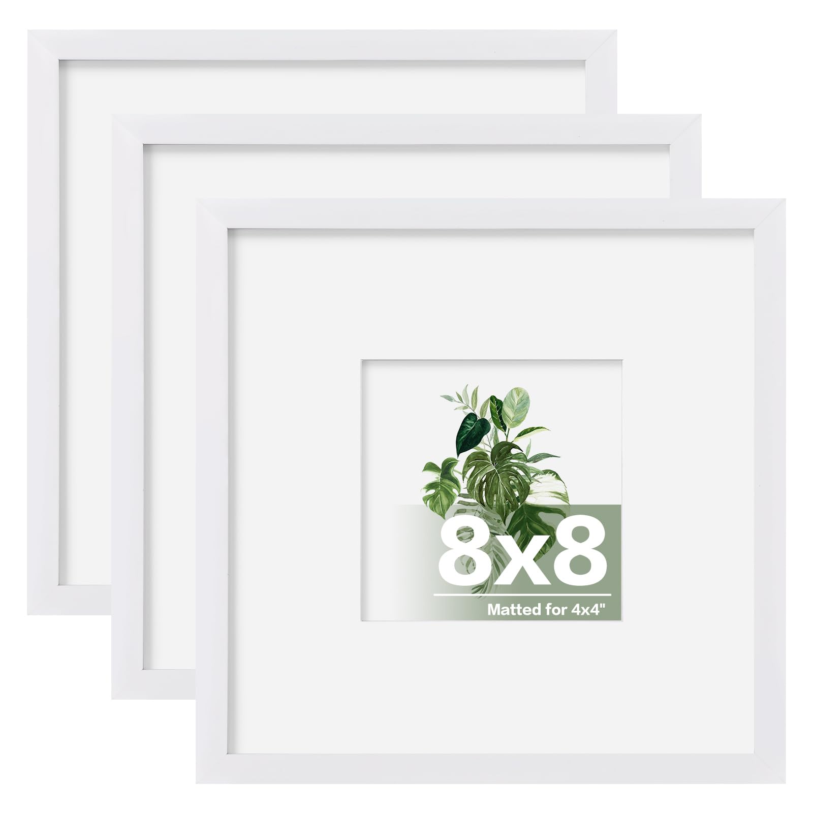 EGOFINE 8X8 Picture Frames, 8X8 Frame Display 4X4 with Mat Covered by Plexiglass, for Wall Mounting, White, 3Pcs