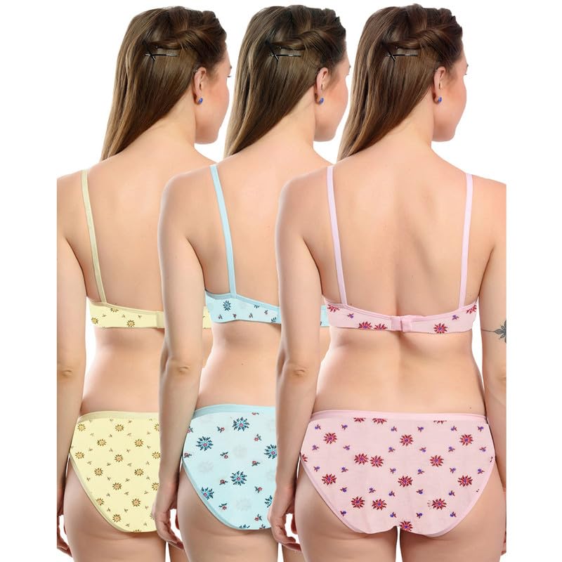 Image of WomenSolid Printed Non-Padded Non-Wired Bra Panty Lingerie Set of 3 S to 3XL