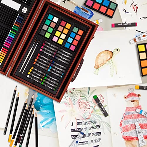 Popyola Art Supplies, 130 Piece Deluxe Art Kit For Beginners, Students, Artists And Hobbyists In A Portable Wooden Art Set Box With Acrylic Paints, Colored Pencils, Oil Pastels, Watercolor Cakes #TOP4